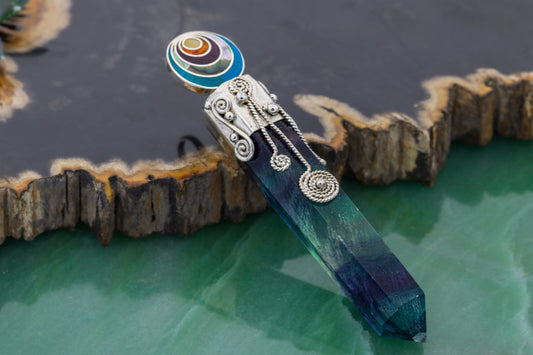 Fluorite Crystal with Peruvian Inlay Pendant