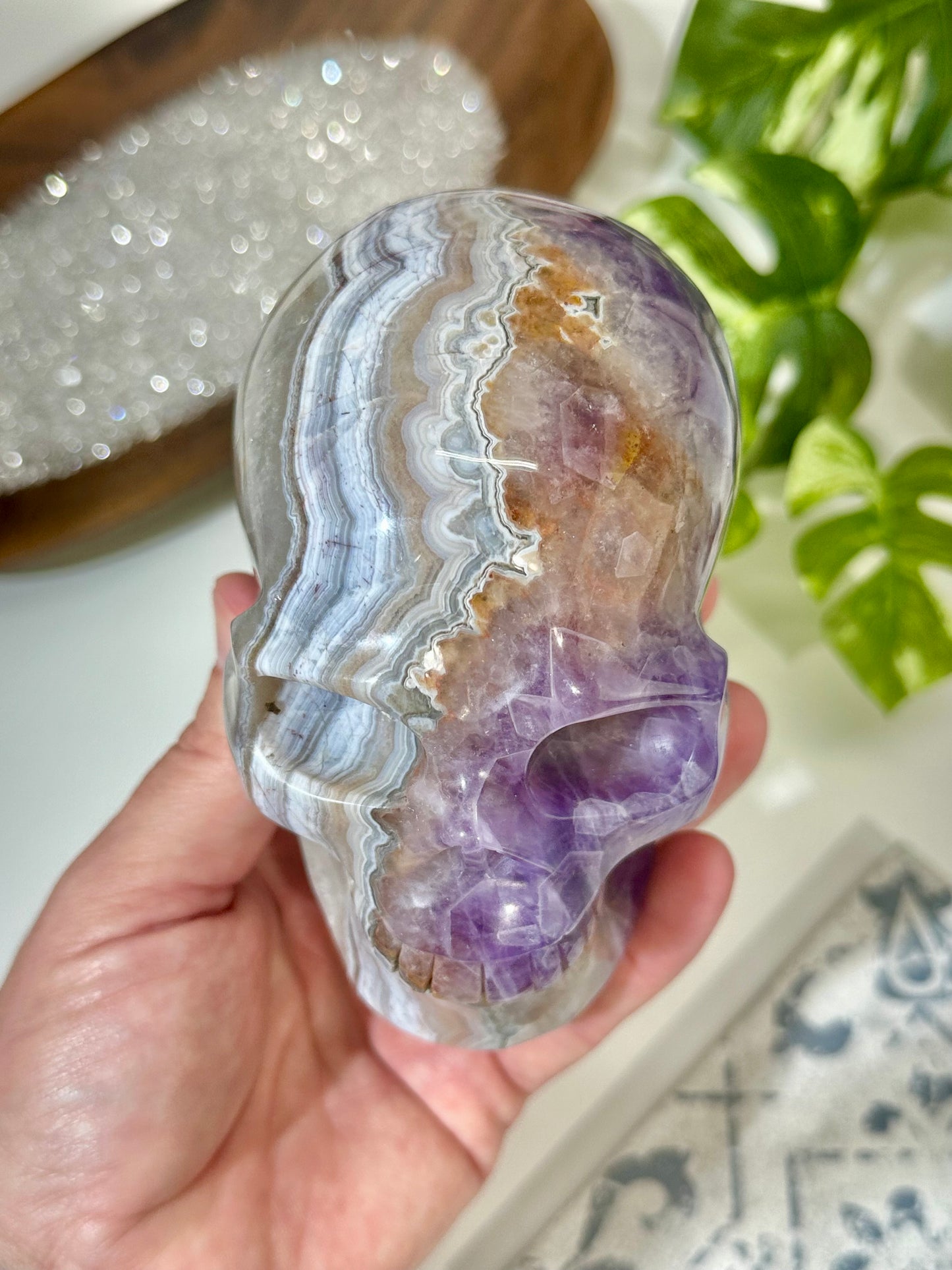 Amethyst & Banded Agate Crystal Skull Carving