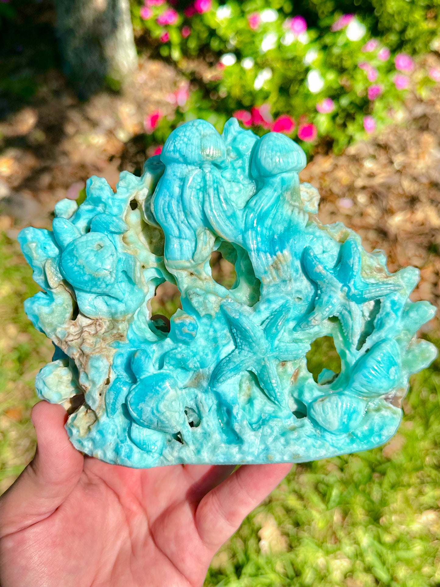 Blue Aragonite Coral Reef Carving with Sea Turtle, Starfish, Jellyfish