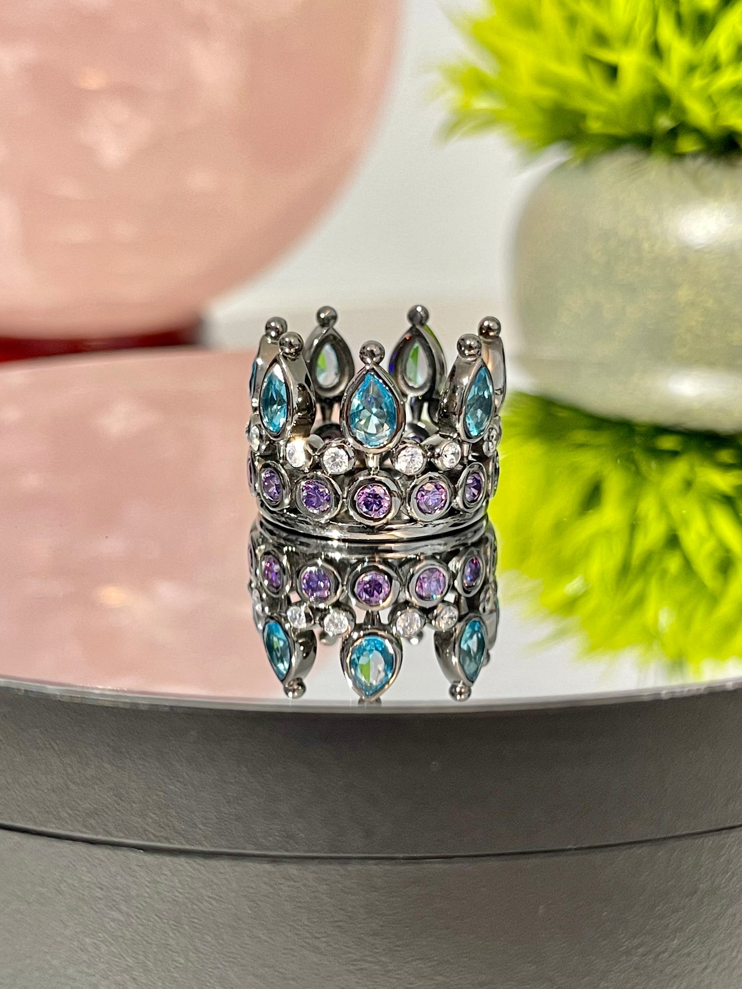 Blue Topaz, Amethyst, & CZ Crown Ring