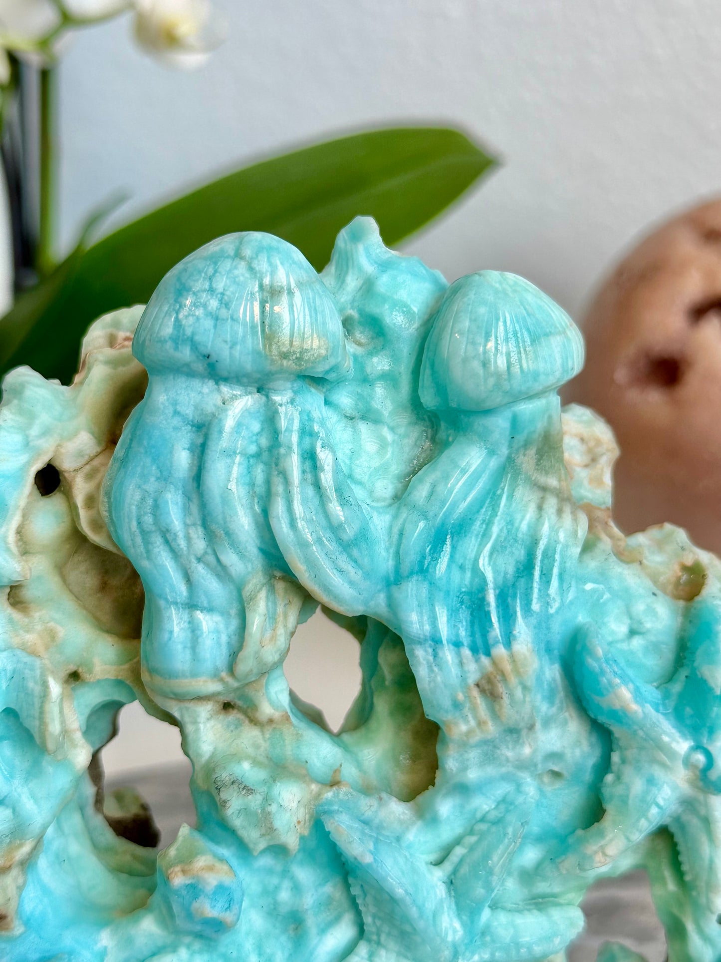 Blue Aragonite Coral Reef Carving with Sea Turtle, Starfish, Jellyfish