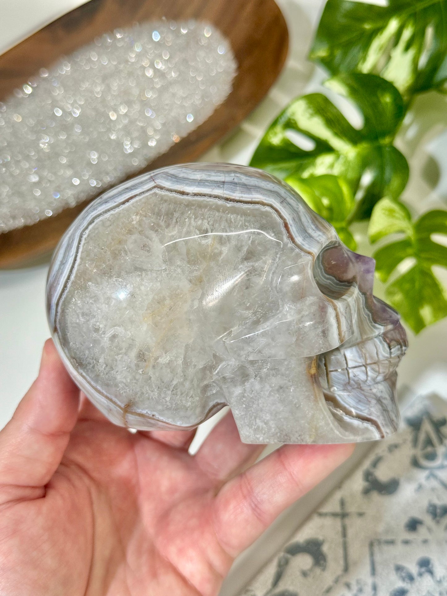 Amethyst & Banded Agate Crystal Skull Carving