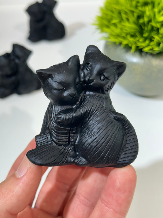 Black Obsidian Hugging Cats Carving