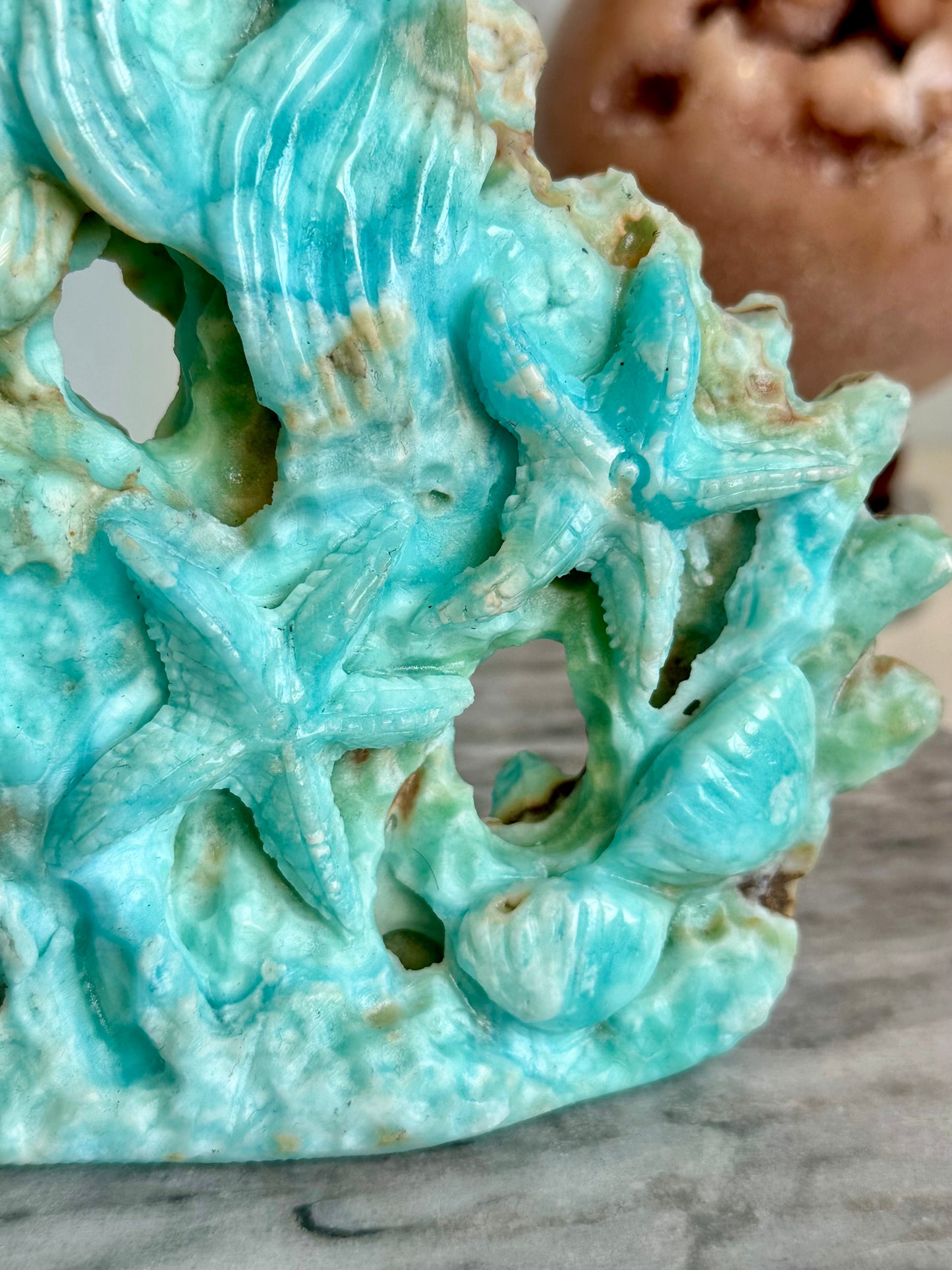 Blue Aragonite Coral Reef Carving with Sea Turtle, Starfish, Jellyfish