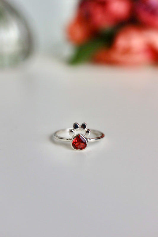 Faceted Garnet Heart Paw Print Ring