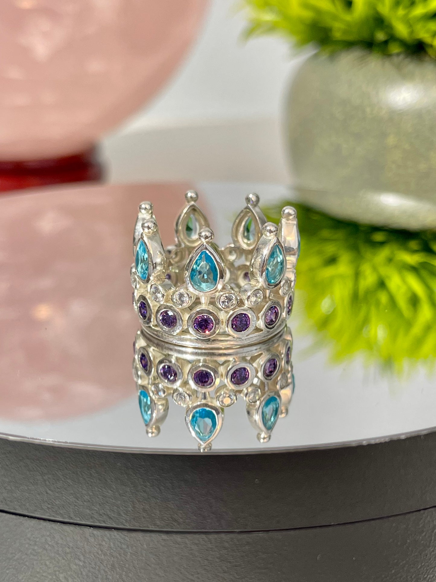 Blue Topaz, Amethyst, & CZ Crown Ring