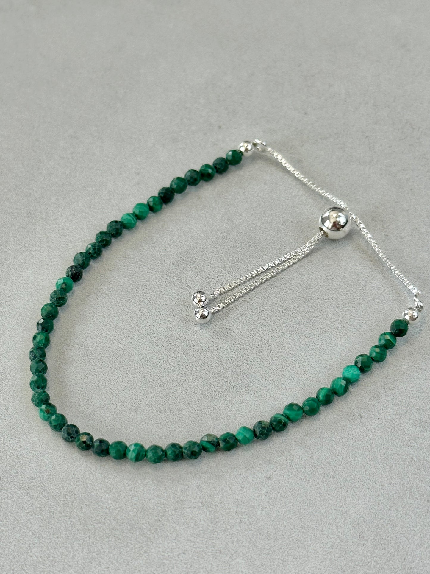 3mm Faceted Malachite Bracelet, Sterling Silver, Adjustable