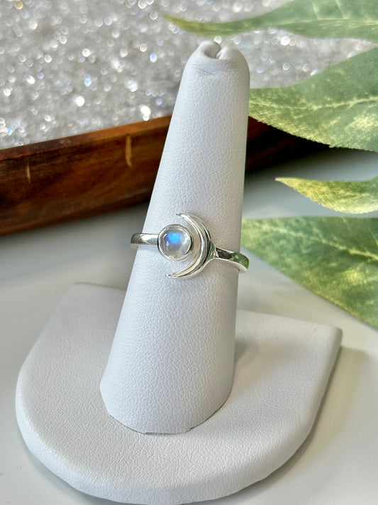 Rainbow Moonstone Crescent Moon Ring