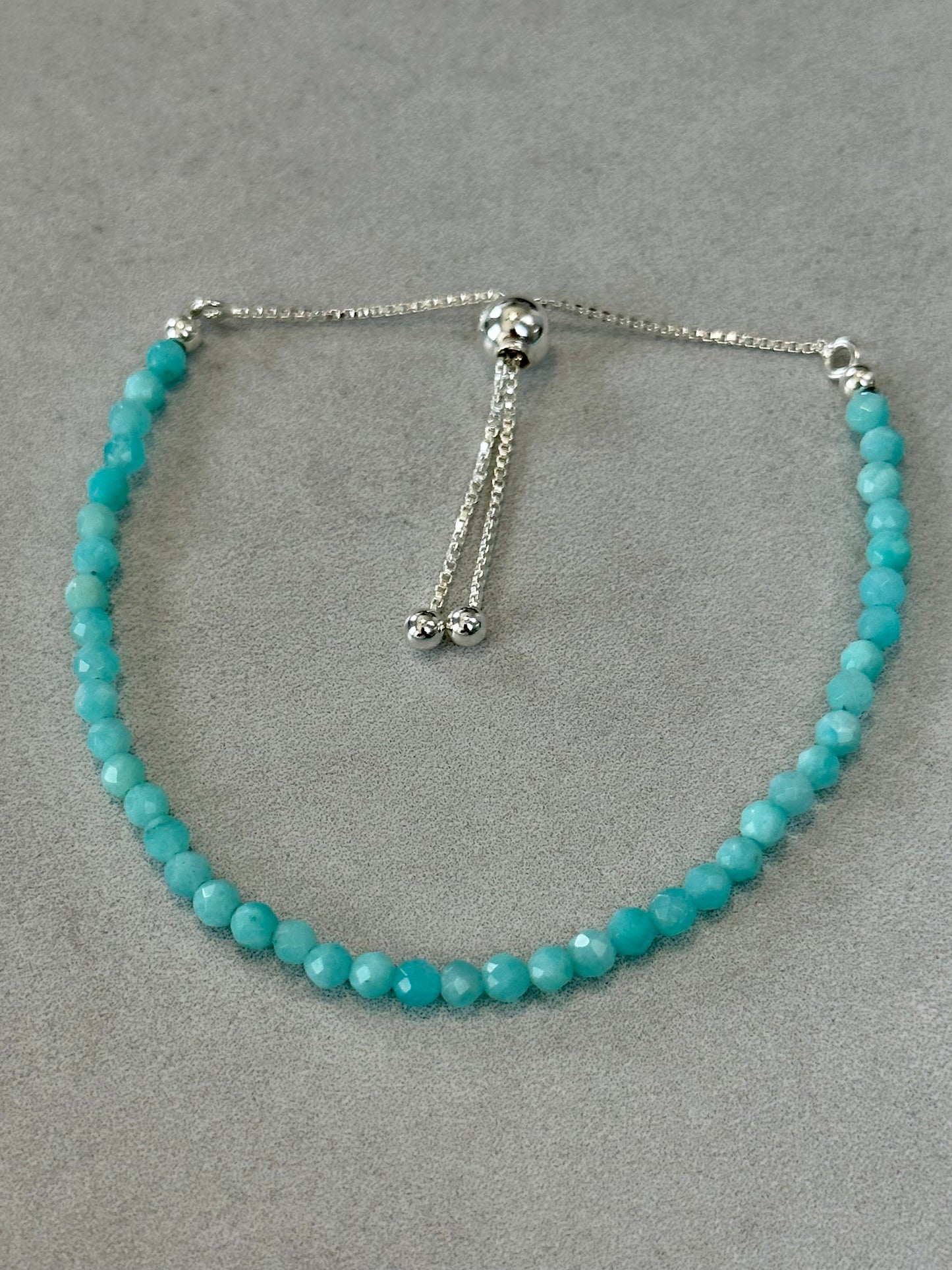 3mm Faceted Amazonite Bracelet, Sterling Silver, Adjustable