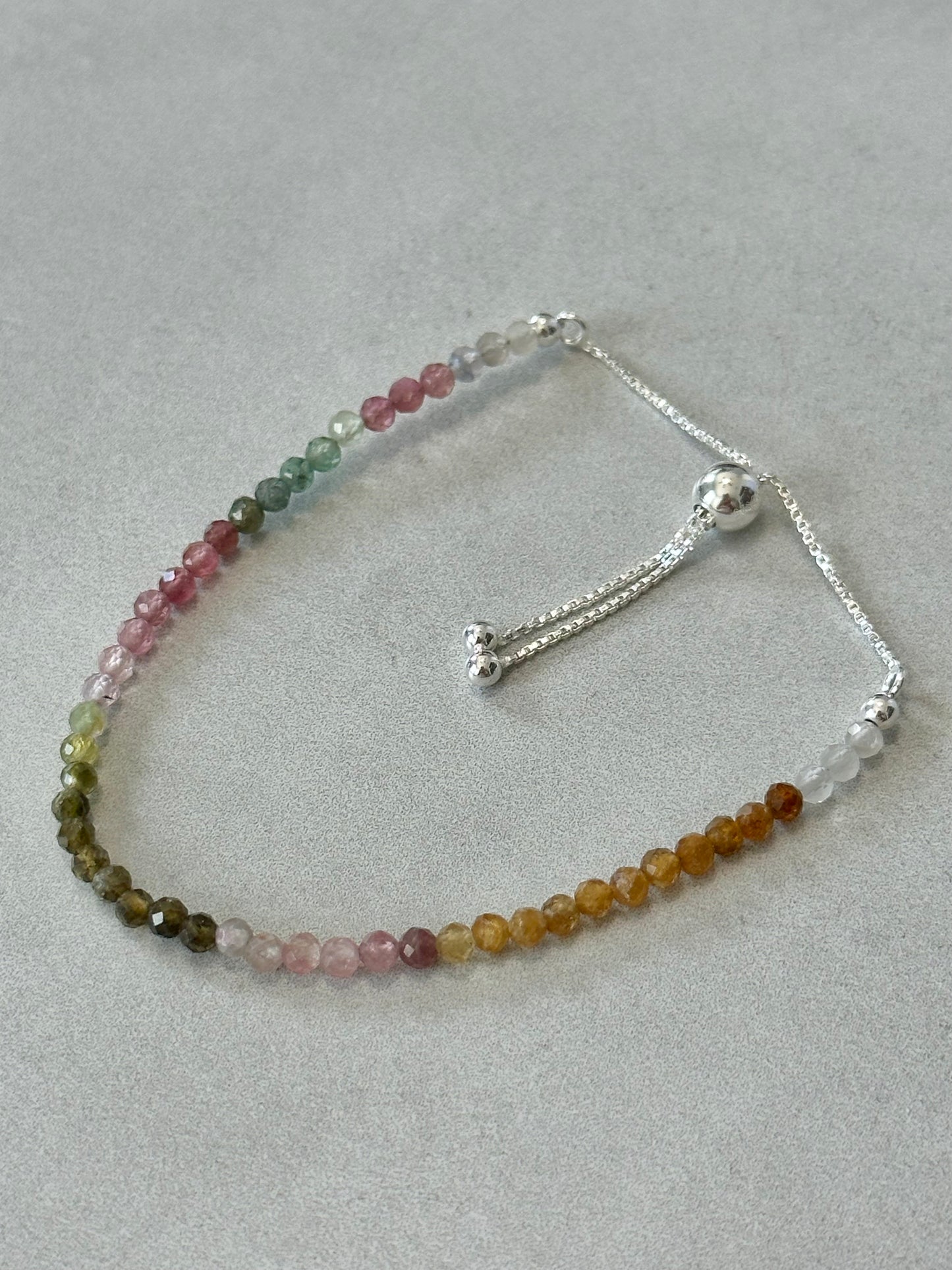 3mm Faceted Mixed Tourmaline Bracelet, Sterling Silver, Adjustable