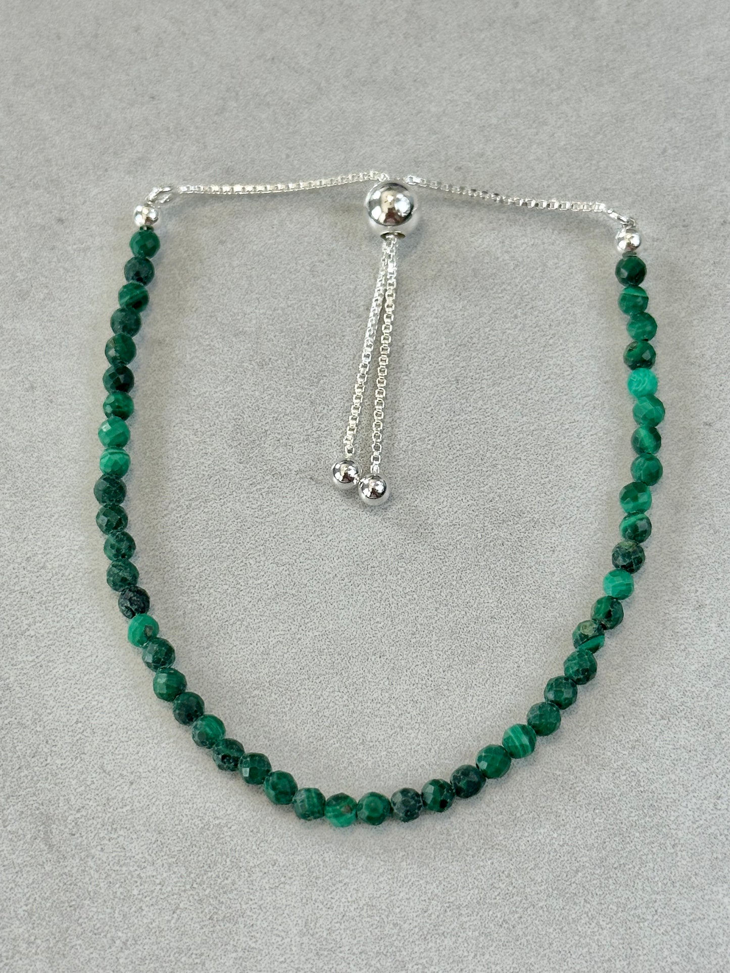 3mm Faceted Malachite Bracelet, Sterling Silver, Adjustable