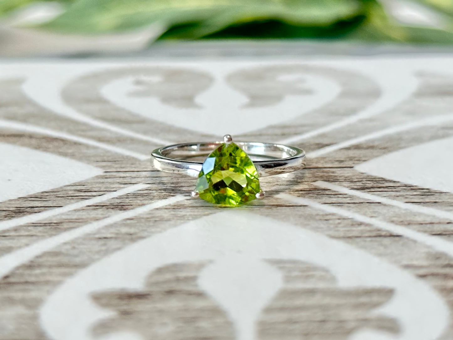 Trillion Cut Peridot Solitaire Ring, .925 Sterling Silver