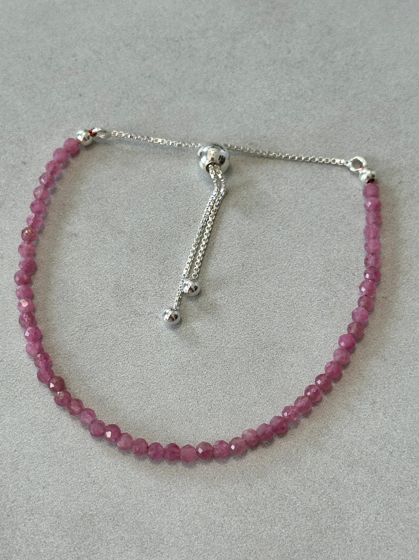 3mm Faceted Pink Tourmaline Bracelet, Sterling Silver, Adjustable