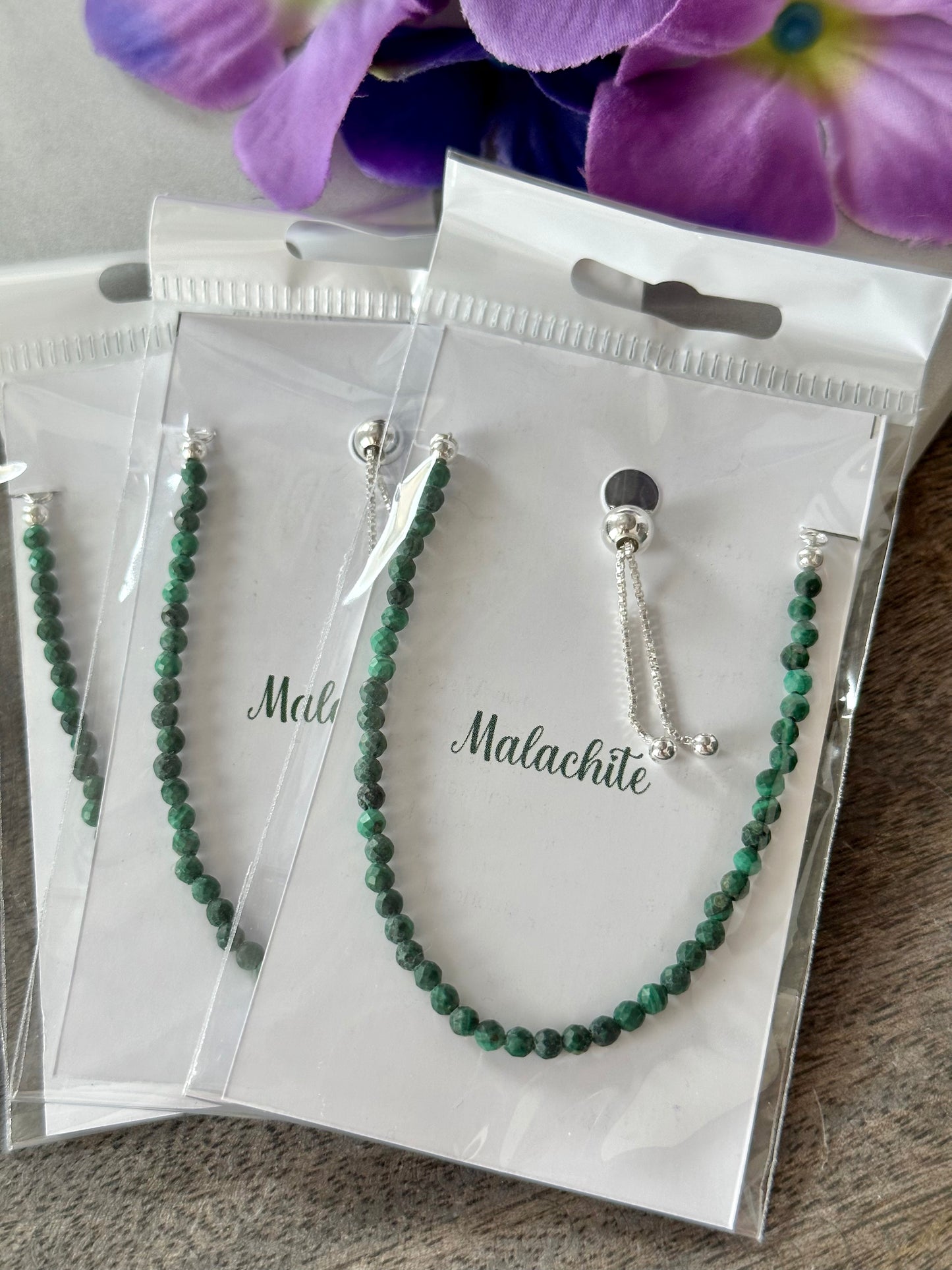 3mm Faceted Malachite Bracelet, Sterling Silver, Adjustable