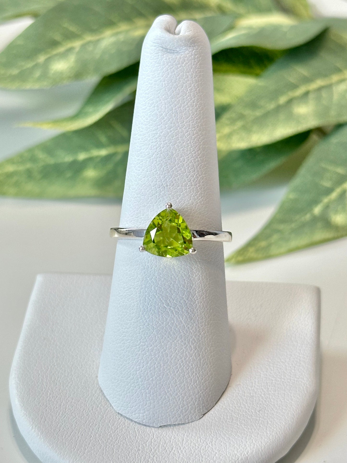 Trillion Cut Peridot Solitaire Ring, .925 Sterling Silver