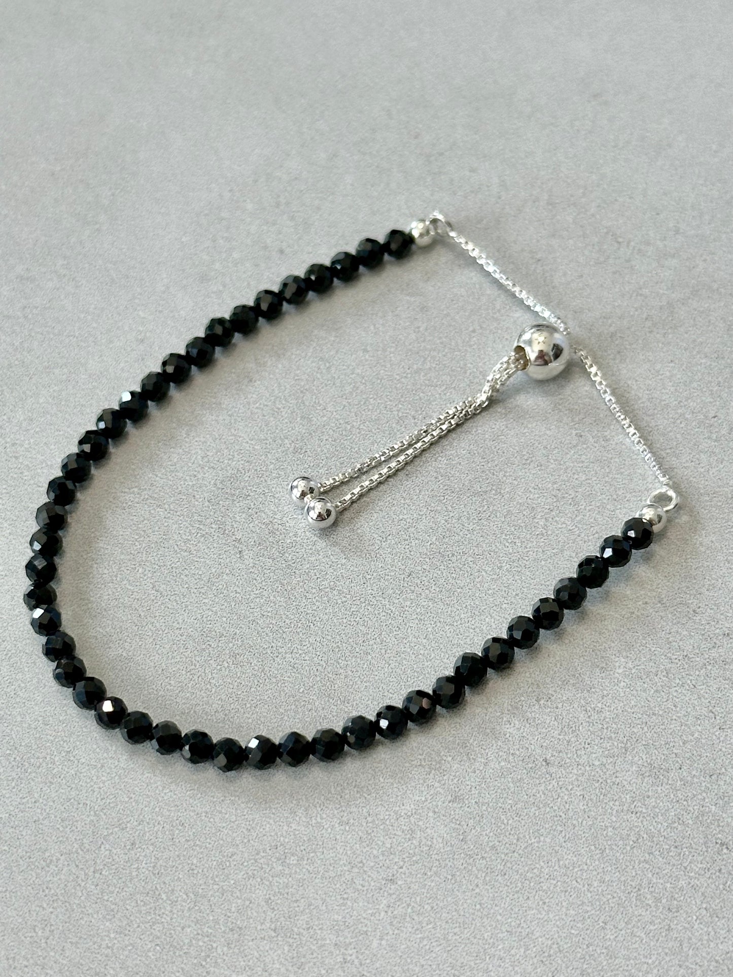 3mm Faceted Black Spinel Bracelet, Sterling Silver, Adjustable