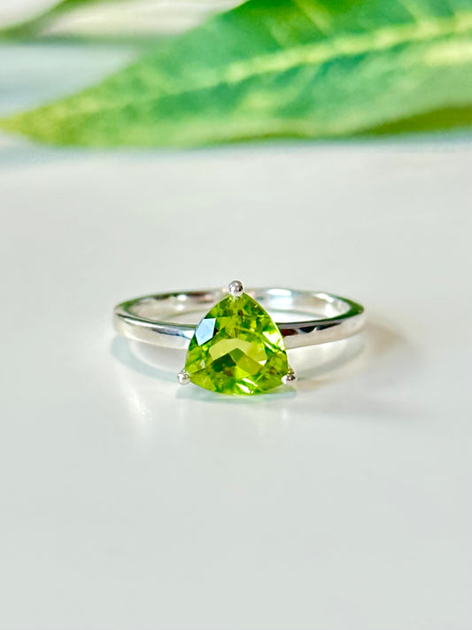 Trillion Cut Peridot Solitaire Ring, .925 Sterling Silver