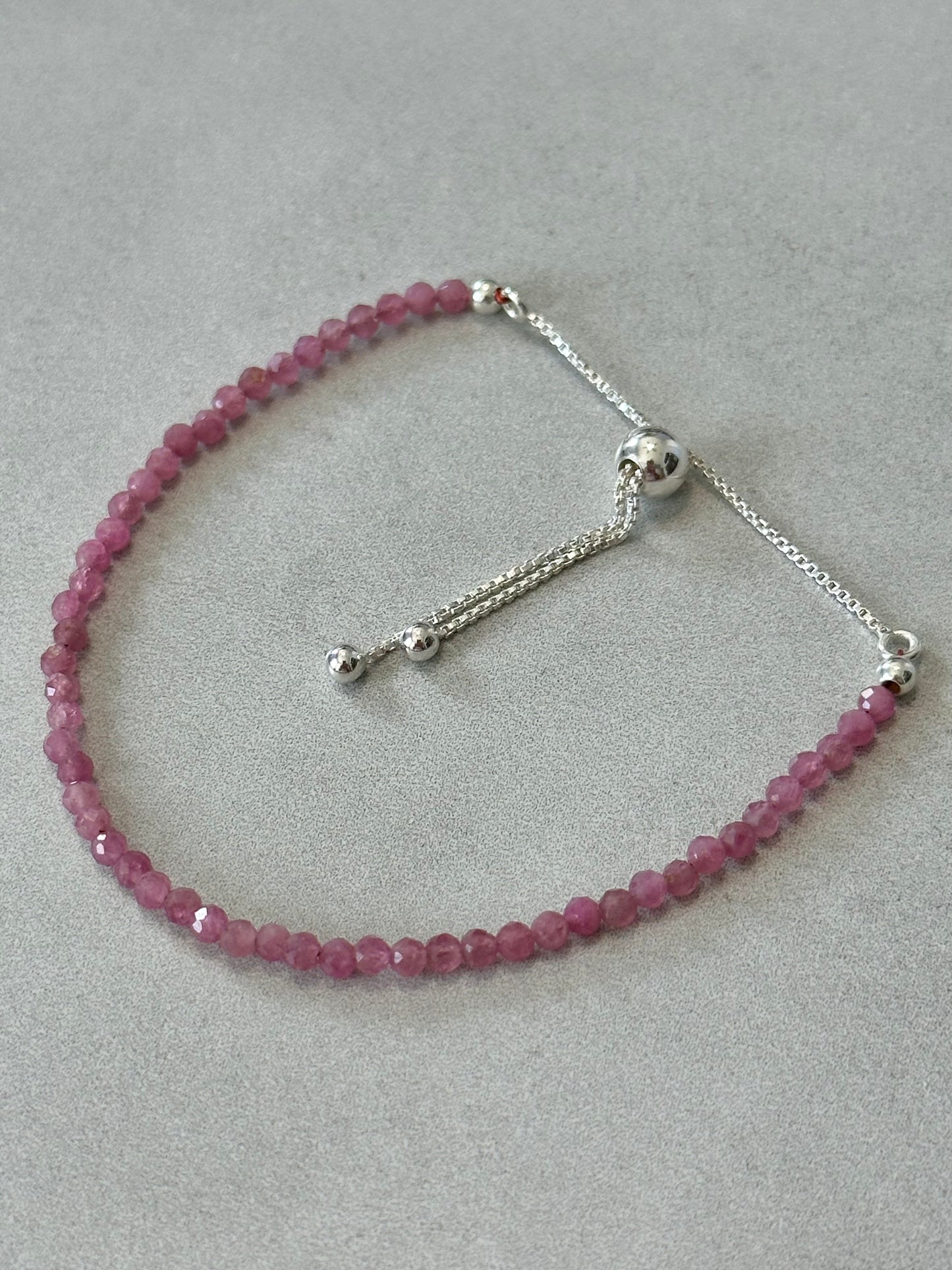 3mm Faceted Pink Tourmaline Bracelet, Sterling Silver, Adjustable