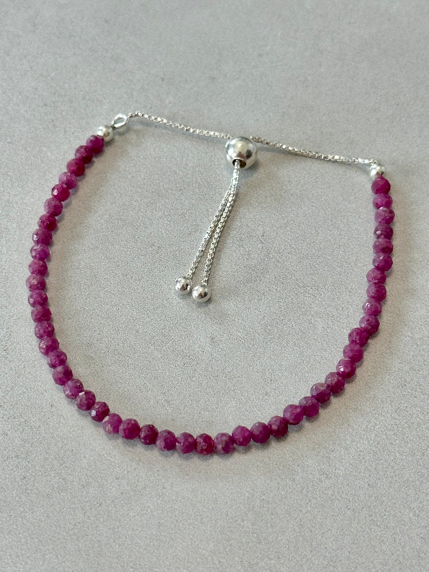 3mm Faceted Ruby Bracelet, Sterling Silver, Adjustable