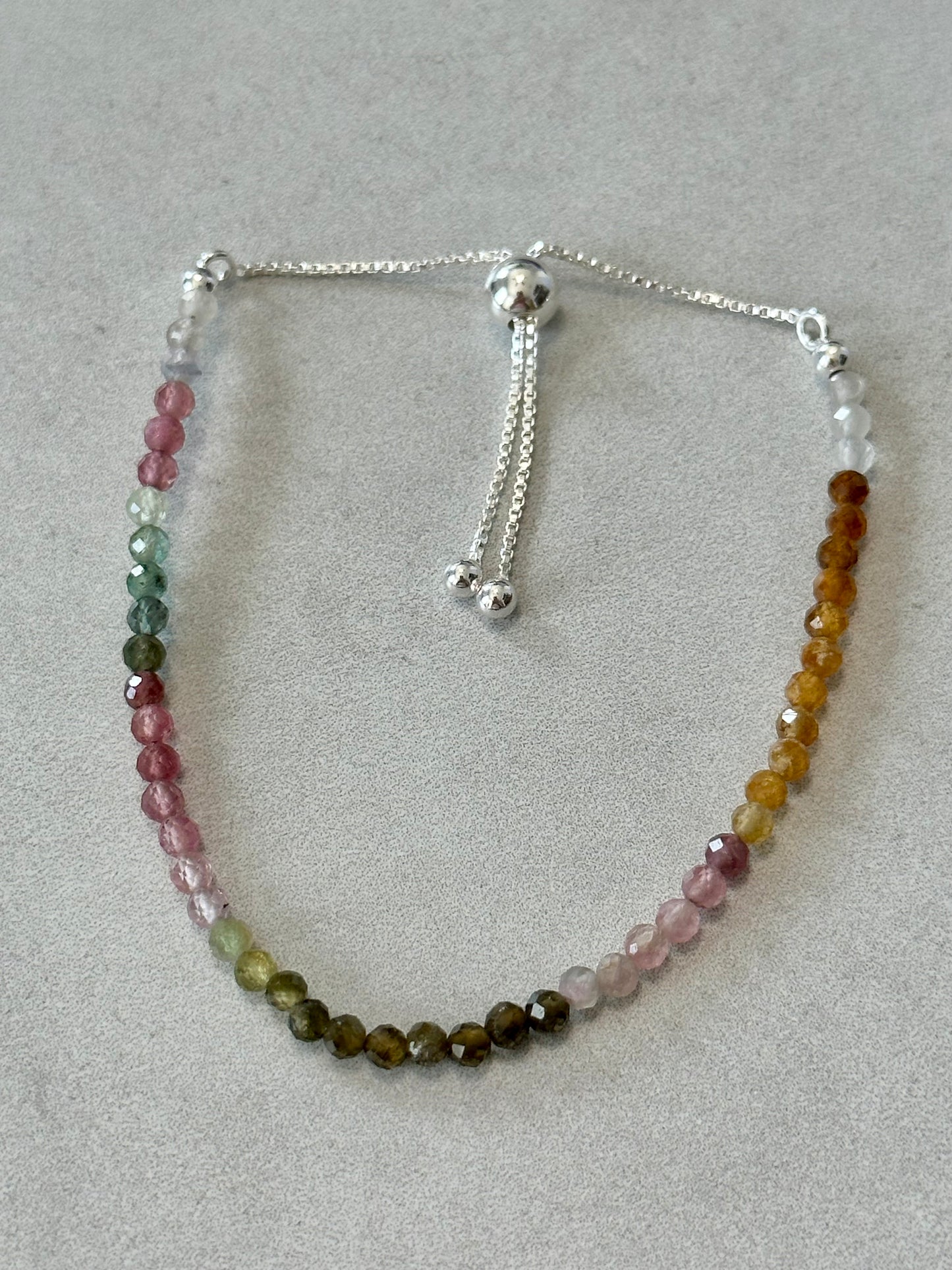 3mm Faceted Mixed Tourmaline Bracelet, Sterling Silver, Adjustable