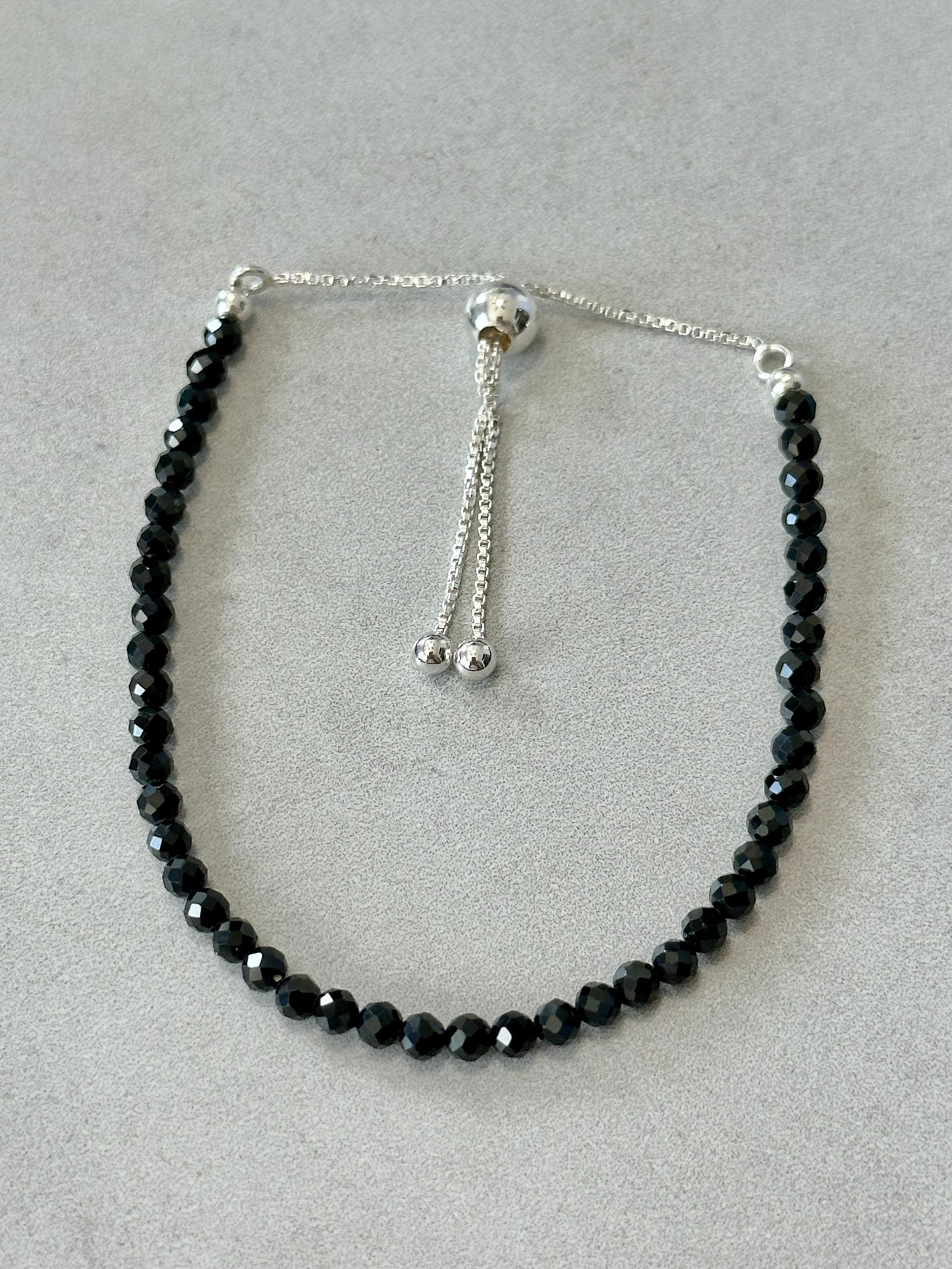 3mm Faceted Black Spinel Bracelet, Sterling Silver, Adjustable