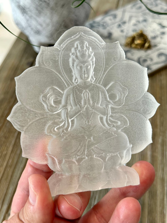 Selenite Goddess Tara in Lotus Carving