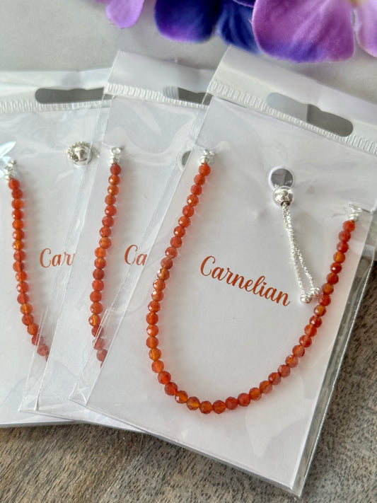 3mm Faceted Carnelian Bracelet, Sterling Silver, Adjustable