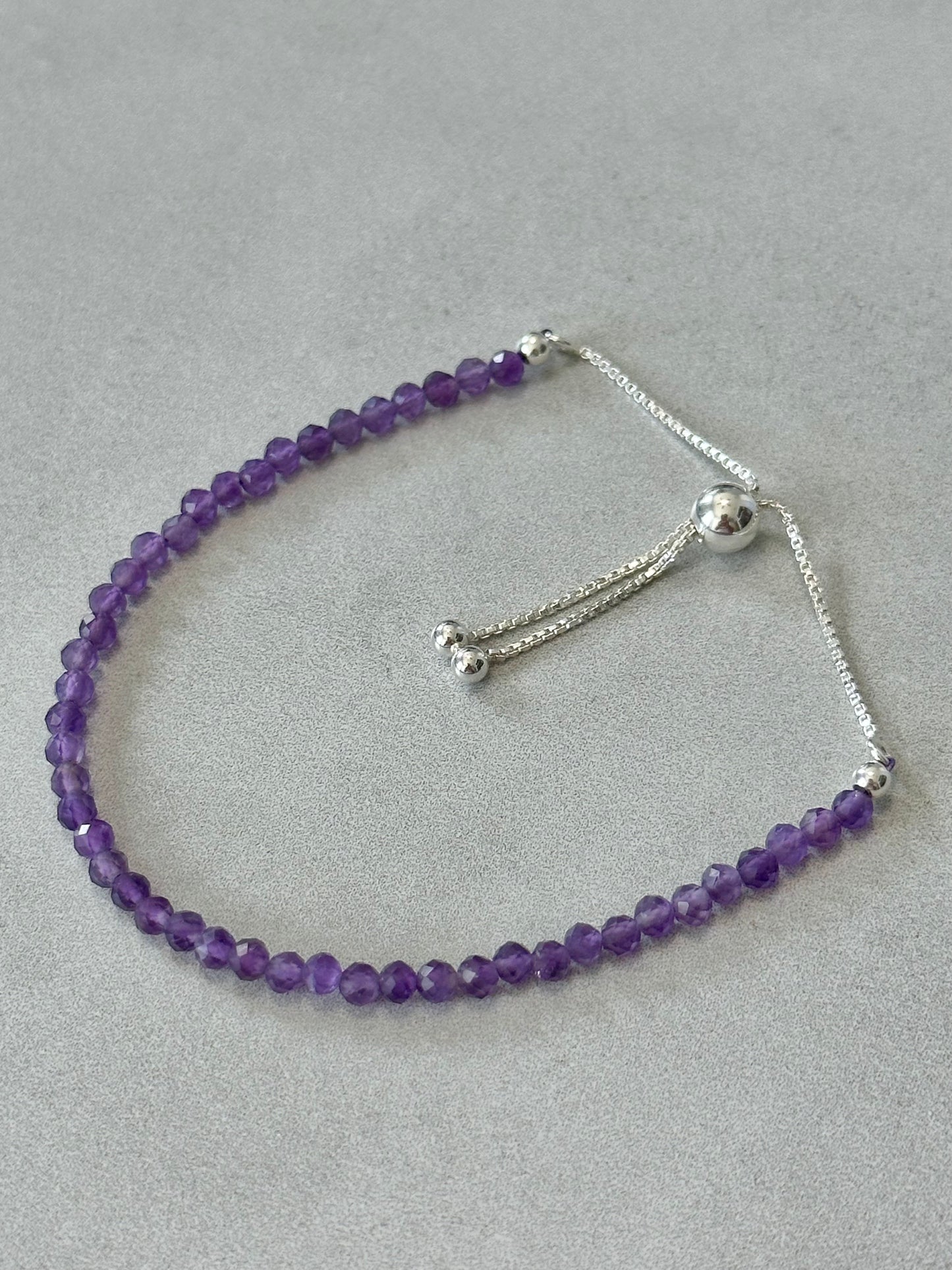 3mm Faceted Amethyst Bracelet, Sterling Silver, Adjustable