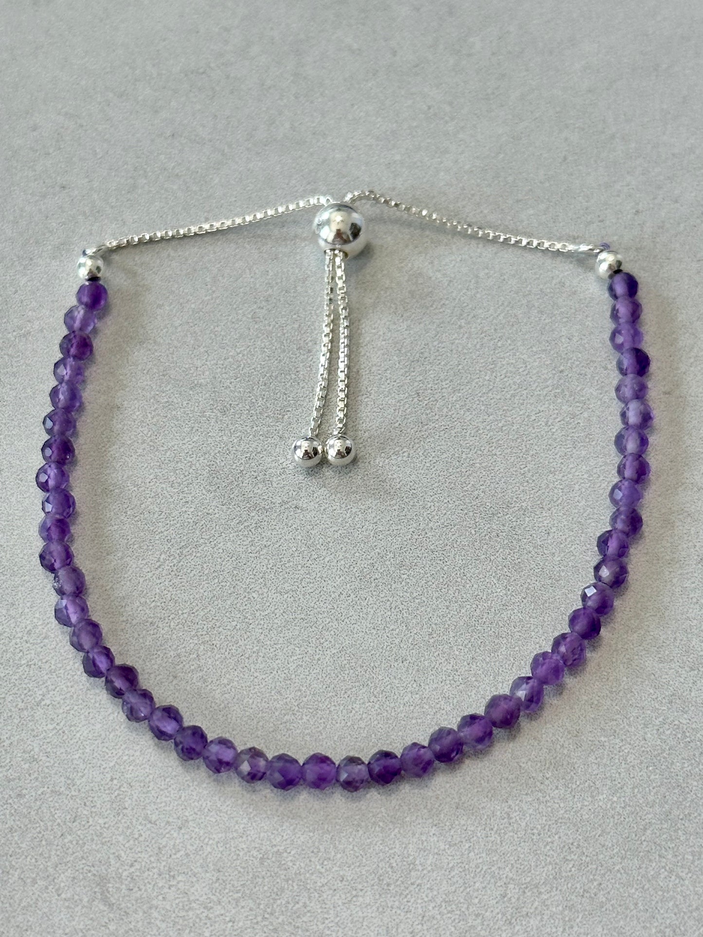 3mm Faceted Amethyst Bracelet, Sterling Silver, Adjustable