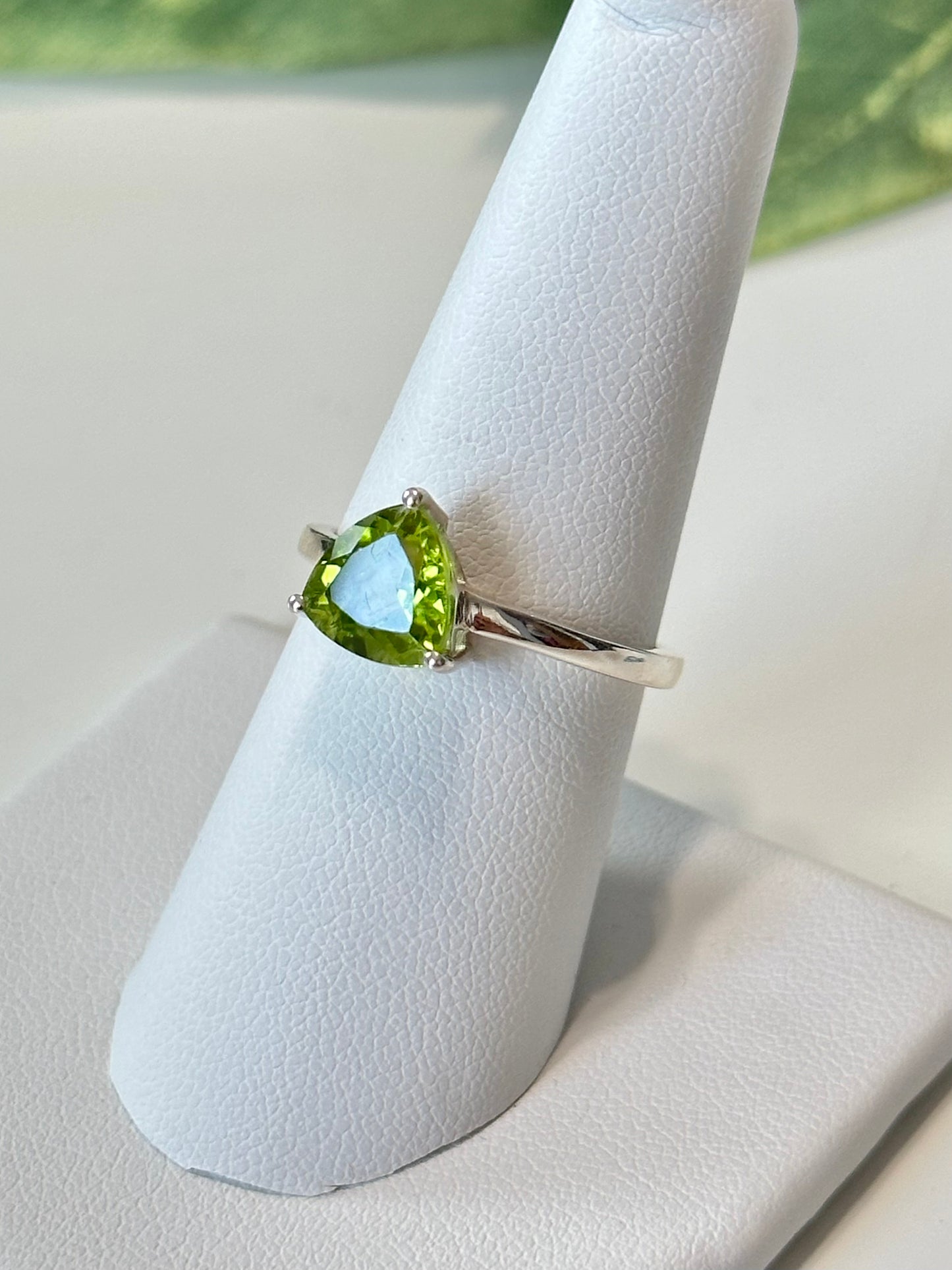 Trillion Cut Peridot Solitaire Ring, .925 Sterling Silver