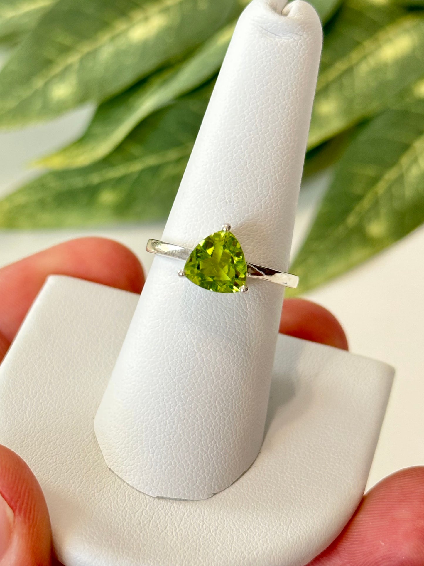 Trillion Cut Peridot Solitaire Ring, .925 Sterling Silver