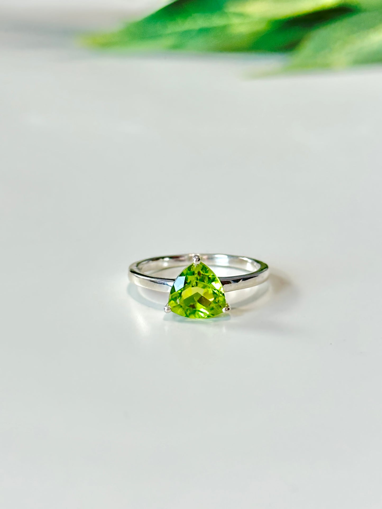 Trillion Cut Peridot Solitaire Ring, .925 Sterling Silver