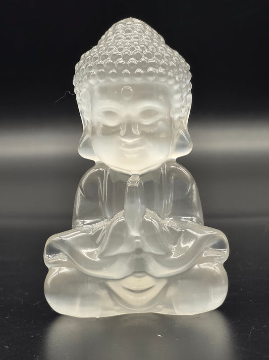 Selenite Seated Young Buddha Carving - Self Standing